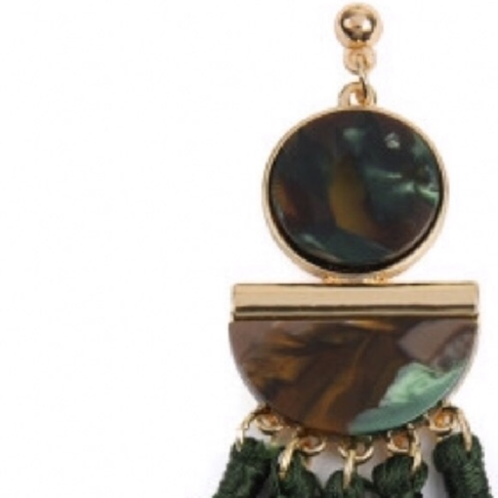 TURQUOISE GREEN TASSEL GOLD &BLACK RESIN EARRINGS - Picture 3 of 3